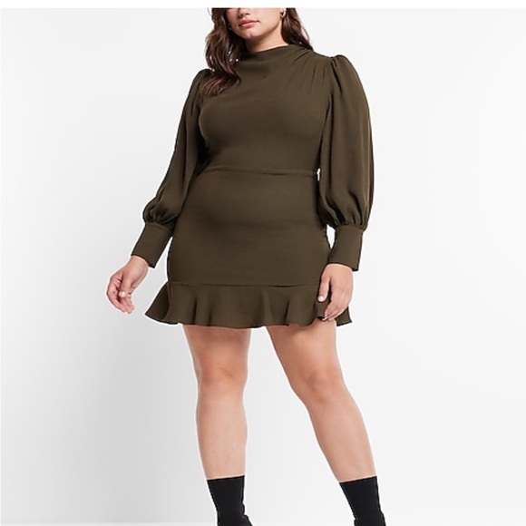 Express Olive Green Mock Neck Ruffle Mini Dress - Picture 5 of 5